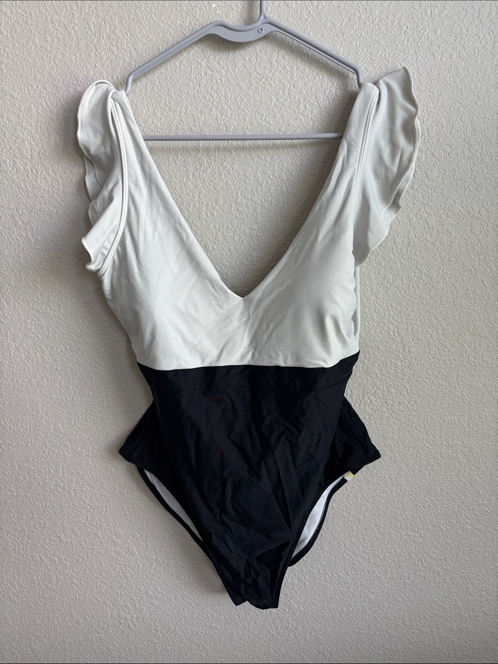 summersalt Two-Tone Ruffle Shoulder One-Piece Swimsuit in Cream and Black - Picture 2 of 5